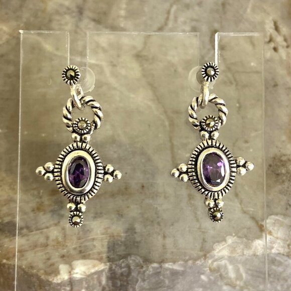 Sterling Silver 925 Oval Purple CZ & Marcasite Rope Accent Dangle Drop Earrings - Picture 6 of 16